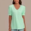 Green Short Puff Sleeve V Neck Hollow Blouse -Saucony Store brlt3060601 1