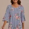 Blue Stripe Floral Half Trumpet Sleeve Round Neck Blouse -Saucony Store brlt3062909 1