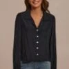 Black Long Sleeve V Neck Buttons Blouse -Saucony Store brlt3062912 1