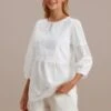White 3/4 Length Sleeve Round Neck Peplum Blouse -Saucony Store brlt3070705 1