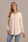 Beige Long Sleeve Round Neck Buttons Top