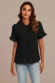 Black Lace Short Ruffle Sleeve Button Up Cotton Top