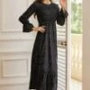 Black Round Neck Ruffle Long Sleeve Polka Dots Maxi Dress -Saucony Store cdmsf0452 1