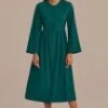 Dark Green Long Sleeve Round Neck Buttons Midi Dress -Saucony Store d2062302 1