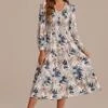 Leaves Print Long Sleeve V Neck Smocked Midi Dress 2 Leaves Print Long Sleeve V Neck Smocked Midi Dress -Saucony Store d2062304 1