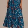 Teal Blue Floral Elastic Waist Ruffle Tiered Maxi Skirt -Saucony Store d2072102 1