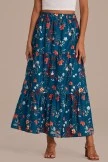 Teal Blue Floral Elastic Waist Ruffle Tiered Maxi Skirt