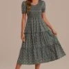 Sage Floral Short Sleeve Round Smocked Tiered Midi Dress 2 Sage Floral Short Sleeve Round Smocked Tiered Midi Dress -Saucony Store d2111009 1
