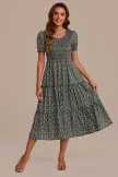 Sage Floral Short Sleeve Round Smocked Tiered Midi Dress