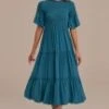 Dark Teal Short Ruffle Sleeve Round Neck Smocked Tiered Midi Dress -Saucony Store d22061507 1