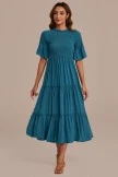Dark Teal Short Ruffle Sleeve Round Neck Smocked Tiered Midi Dress
