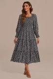 Black Floral Long Sleeve Square Neck Smocked Tiered Midi Dress