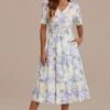 Floral Short Sleeve V Neck Button Up Tiered Midi Dress With Pockets -Saucony Store d3032301 1