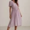 Mauve Short Sleeve V Neck Tie Waist Floral Print Midi Dress With Pocket -Saucony Store dsc03431 1