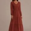 Elegant Long Sleeve V Neck Shirring Maxi Dress -Saucony Store dsc04672