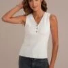 White Sleeveless V Neck Buttons Tank -Saucony Store dsc04732