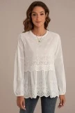 White Eyelet Scallop Trim Round Neck Long Sleeve Top