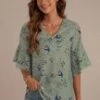 Botanical Print V Neck Flounce Sleeve Top -Saucony Store dsc05215
