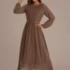 Brown Long Sleeve Round Neck Vienna Textured Maxi Dress -Saucony Store dsc05257