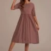 Half Sleeve Round Neck Cotton Mom Midi Dress With Pockets