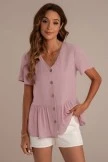Solid Color Short Sleeve V Neck Button Top