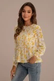 Floral Shirring Ruffle Long SLeeve Round Neck Top