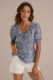 Blue Court Neckline Short Puff Sleeves Blouse