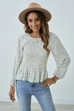 Floral Long Sleeve Square Neck Shirring Ruffle Shirt