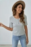 Grey Solid Sweet Short Sleeve Round Neck Cotton Button Shirt
