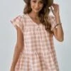Pink Plaid Short Ruffle Sleeve V Neck Shirt 1 Pink Plaid Short Ruffle Sleeve V Neck Shirt -Saucony Store dsc08063