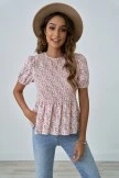 Floral Shirring Ruffle Short Sleeve Round Neck Shirt