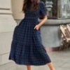 Navy Short Sleeve Round Neck Plaid Cotton Maxi Dress 1 Navy Short Sleeve Round Neck Plaid Cotton Maxi Dress -Saucony Store gty00284