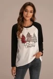 Christmas Print Round Neck Colorblock Raglan Sleeve Top
