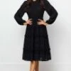 Round Neck Elasticised Waist Long Sleeve Midi Dress -Saucony Store ppdr1911076 01