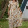 Floral Print Layer Short Sleeve V Neck Maxi Dress -Saucony Store rld057 1