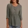 Solid Color Round Neck 3/4 Length Sleeve Button Up Frill Blouse -Saucony Store t2060901 1