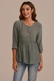 Solid Color Round Neck 3/4 Length Sleeve Button Up Frill Blouse