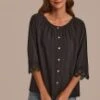 Black Round Neck 3/4 Sleeve Button Up Blouse -Saucony Store t2072804 1