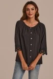 Black Round Neck 3/4 Sleeve Button Up Blouse