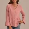 Button Up V Neck Long Sleeve Blouse -Saucony Store t2092901 1