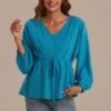 Deep Teal V Neck Long Sleeve Blouse -Saucony Store t2102002 1
