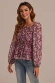 Floral Long Sleeve Square Neck Smocked Peplum Top