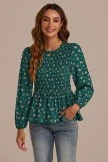 Hunter Green Ruffle Smocked Long Sleeve Round Neck Blouse