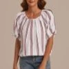 Stripe Short Sleeve Pleated Neck Bubble Blouse -Saucony Store t3042003 1