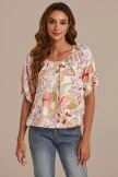 Floral Short Sleeve Pleated Neck Bubble Hem Blouse